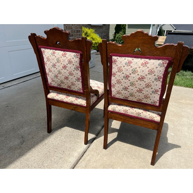 Antique Eastlake Victorian Carved Pierced Walnut Upholstered Side Chairs on Curved Front Legs and Castor Feet- a Pair For Sale - Image 11 of 12