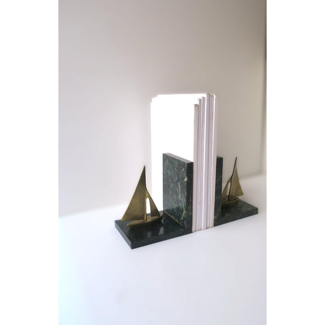 Dark Green Marble Brass Sailboat Nautical Bookends, Pair For Sale - Image 4 of 13