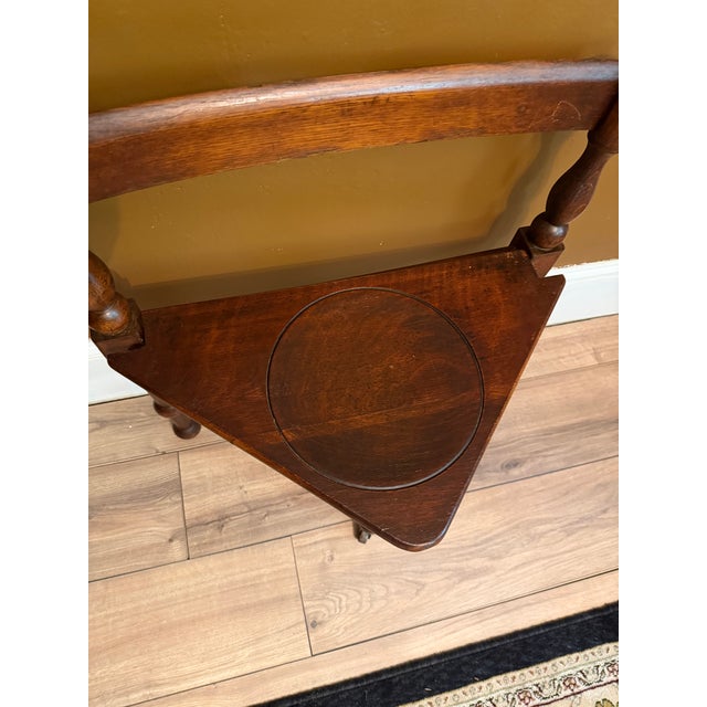 Industrial Antique Patented Sliding Seat Mahogany Triangular Corner Chair With Turned Legs and Brass Castor For Sale - Image 3 of 15