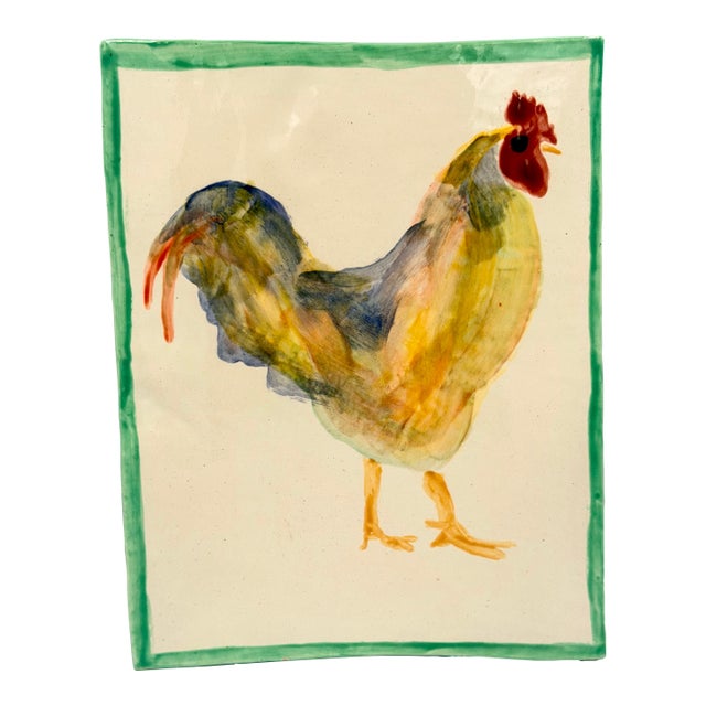 Whimsical Sherman Nobleman Folk Art Hand Painted Rooster on Ceramic Trivet Tile For Sale