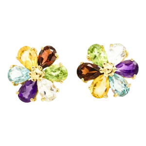 Late 20th Century Semi Precious Flower Gemstone 14k Yellow Gold Earrings - 2 Pieces