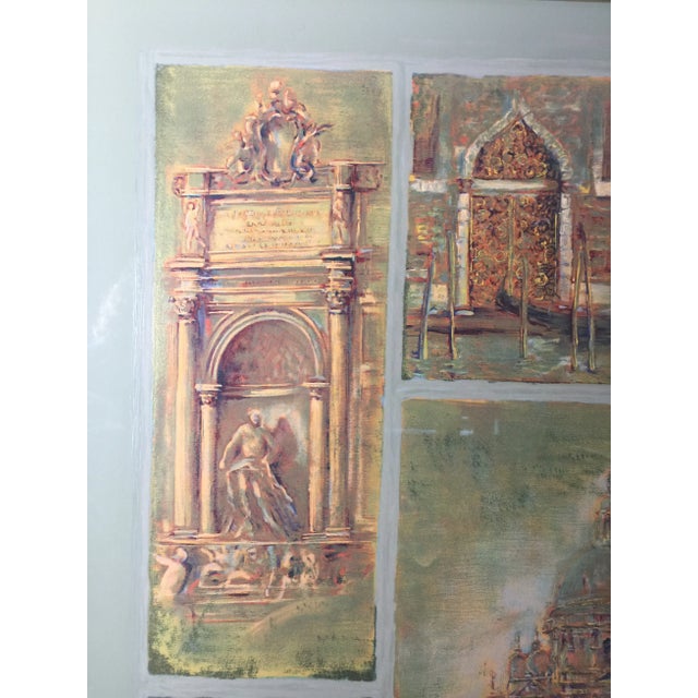 Framed serigraph depicting a mosaic of Renaissance buildings and facades with portraits of lovers. From an internationally...