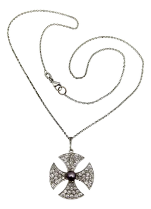 1910s Platinum Edwardian Maltese Cross Diamond Encrusted With Central Black Pearl Necklace