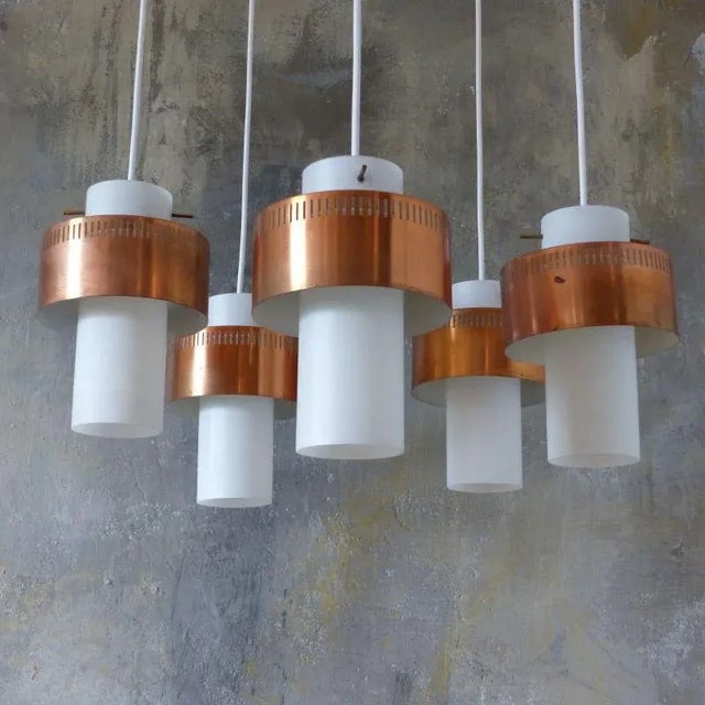 Mid-Century Scandinavian Copper and Opaline Glass Ceiling Lamp For Sale - Image 11 of 13