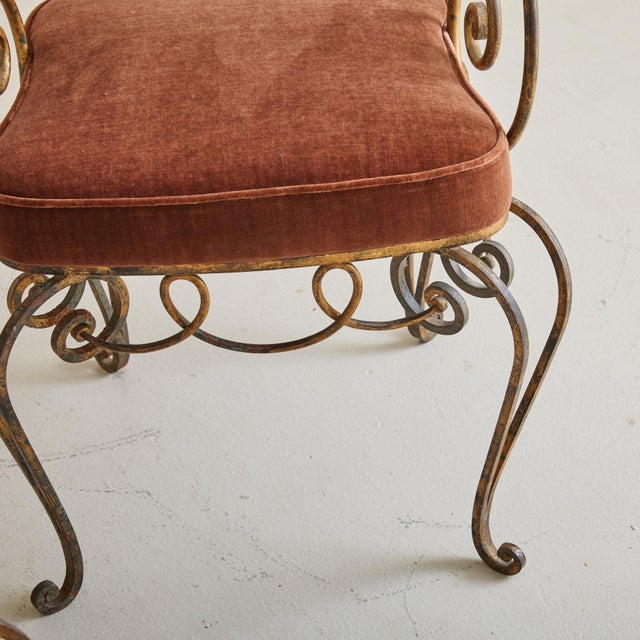 Brown French René Gabriel Style Wrought Iron Accent Chair in Rust Velvet, 1940s For Sale - Image 8 of 11