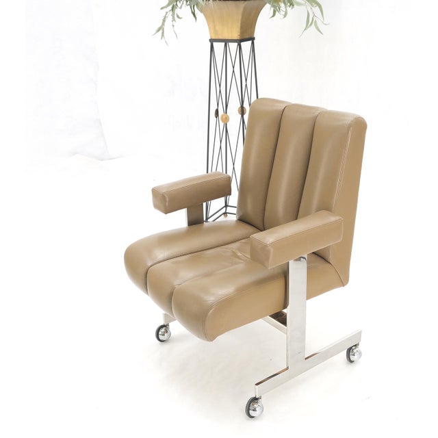 Vladimir Kagan Leather Ribbed Style Upholstery Heavy Stainless Base Desk Chair For Sale - Image 10 of 12