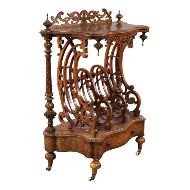 Beautiful Victorian Burr Walnut Carved Canterbury, c. 1880. Features intricate pierced fretwork, a serpentine form, and a...