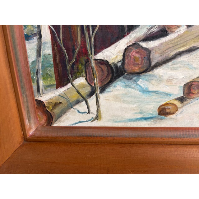 Large 1963 Signed Oil Painting Winter Landscape Red Barn Snow Scene Rustic Farm by L. Brade For Sale - Image 13 of 18