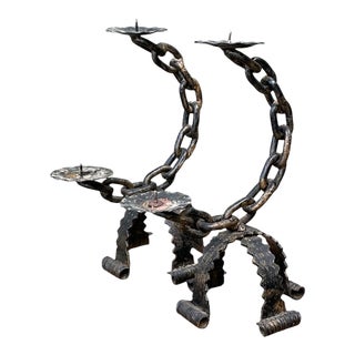 Vintage Wrought Iron Chain Candle Holders For Sale