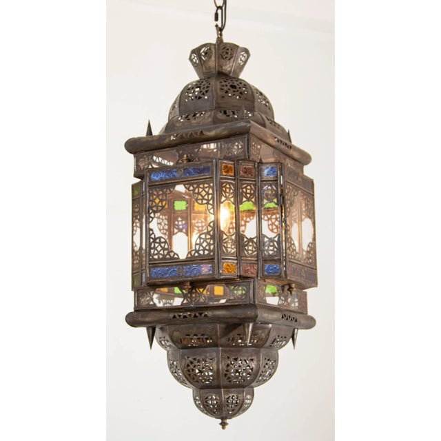 Vintage Moroccan Hanging Lantern Clear and Multicolor Glass Made in Marrakech For Sale In Palm Springs - Image 6 of 12