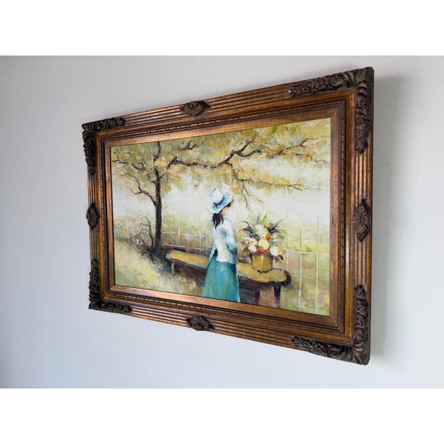 1960s Vintage Harrison E. Clark Impressionist Woman in Garden Oil on Canvas Painting, Framed For Sale - Image 4 of 12