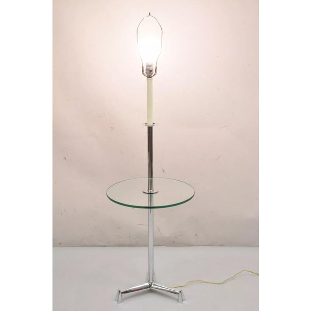 Vintage Mid Century Modern Chrome Space Age Tripod Base Round Glass Top Side Table Floor Lamp with Sculpted Metal Feet....