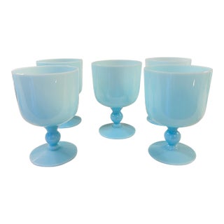 1930s Pretty set of 5 Morgantown Americana turquois blue opaline goblets // demi crystal // water / wine glasses // blue glasses For Sale