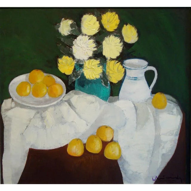 Still life 1974. Oil on canvas, 92x100 cm painting features stylized composition of flowers in a vase with oranges on a...