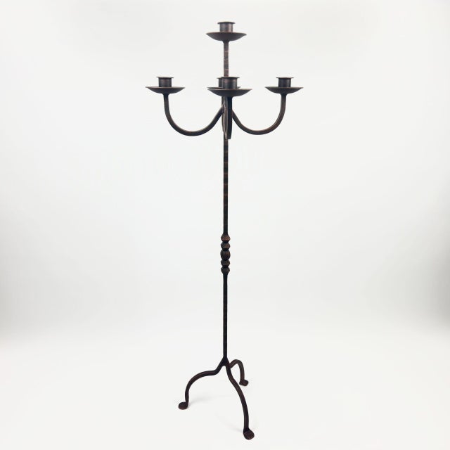 Black Hand Forged Iron Floor Candelabra 48.5″ (123cm) Antique Copper Patina 3-Arm Wide Base Stable Candle Holder Rustic Decor For Sale - Image 8 of 9