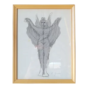 Black & White Mixed-Media Framed Figural Pencil Drawing Watercolor Signed