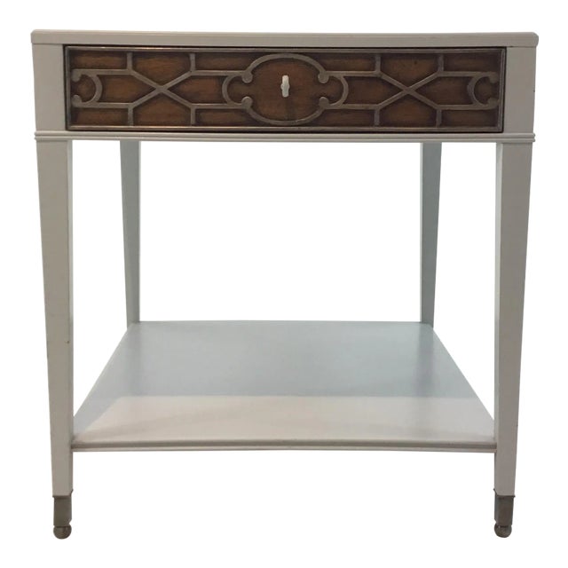 Drexel Heritage Modern Lattice Cut Gray Wood End Table/Nightstand For Sale