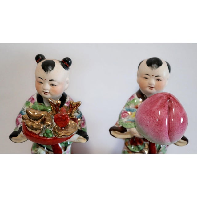 1940s 1940s Hand Painted Porcelain Chinese Figuirines on Gourds Bearing Gifts - a Pair For Sale - Image 5 of 12