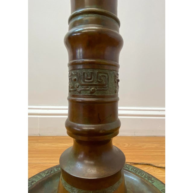 Chinese Early 20th Century Cast Bronze Floor Lamp With Neolithic Chinese Motif For Sale - Image 3 of 13