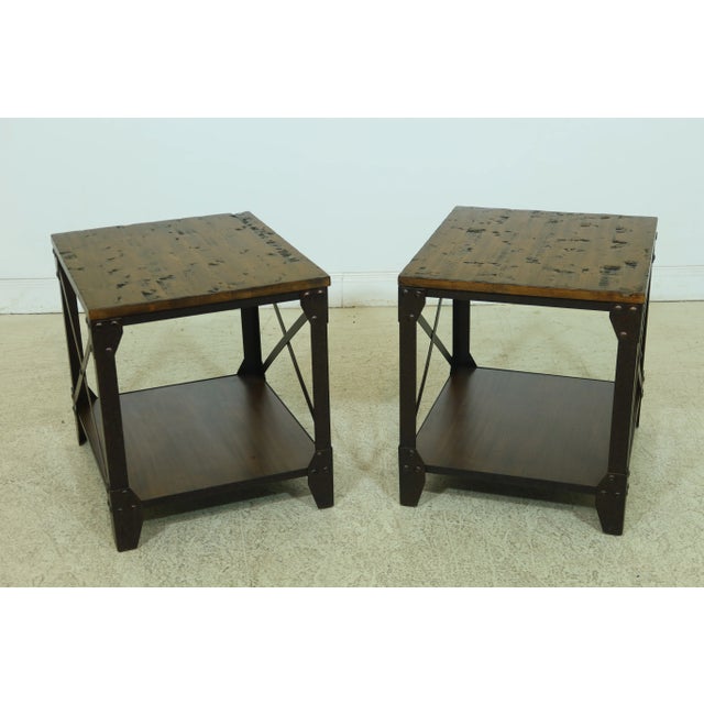 Brown Pair Distressed Wood & Metal Industrial End Tables For Sale - Image 8 of 8
