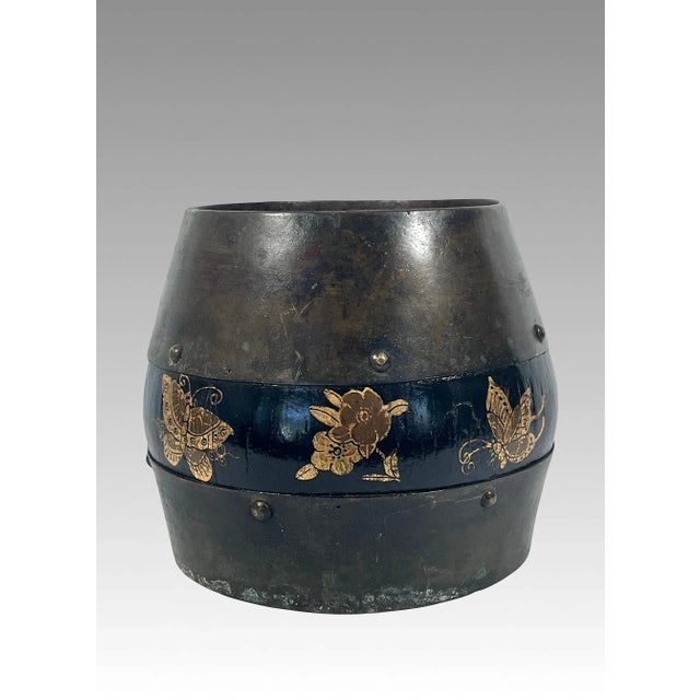 Certified Antique Chinese Elm & Fir Wooden Rice Measuring Container / Bucket Anhui Province With Gold Butterflies and Moths, Qing Dynasty For Sale - Image 4 of 11