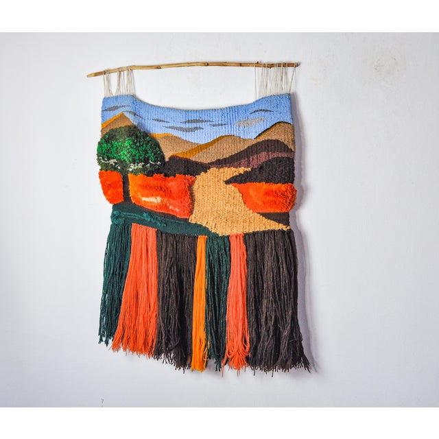 Blue Textured Macrame Wall Tapestry with Catalan Landscape, Spain, 1970s For Sale - Image 8 of 8