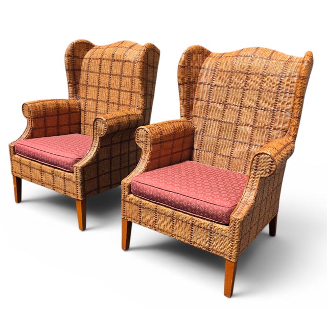 Palecek Late 20th Century Pair of Palecek Woven Rattan Wingback Lounge Chairs With Rolled Arms For Sale - Image 4 of 15