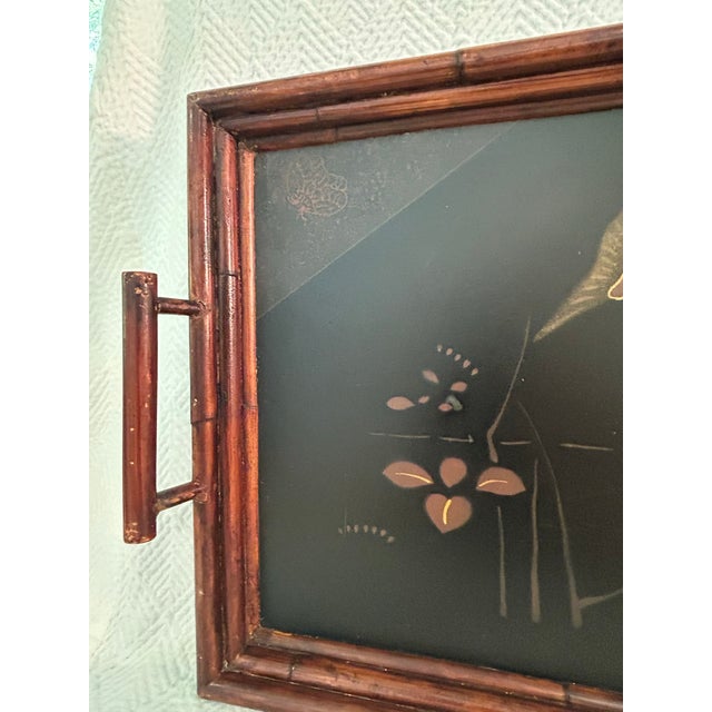 Late 20th Century Vintage “Art De Chine” Bamboo and Black Lacquer Tray Attributed to Palecek For Sale - Image 5 of 12