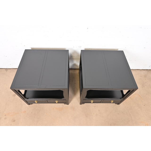 Michael Taylor for Baker Far East Collection Black Lacquered Nightstands or End Tables, Newly Refinished For Sale - Image 9 of 12