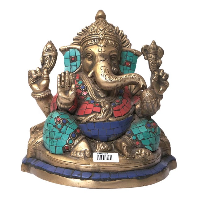 Brass Ganesha Statue With Turquoise Inlay | 7 Inch Hindu Ganpati Idol for Home Altar | Colorful Indian Deity Art | Unique Housewarming Gift For Sale In Houston - Image 6 of 7