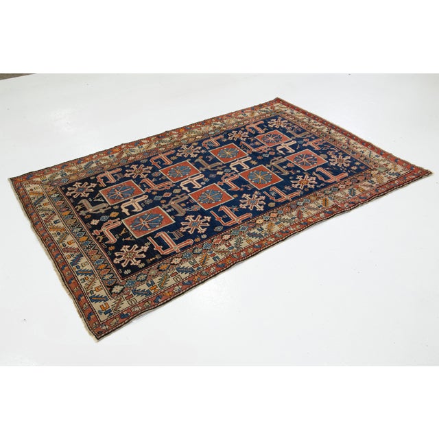 Persian Antique Blue Persian Shirvan Wool Rug Handmade With Geometric Design For Sale - Image 3 of 7