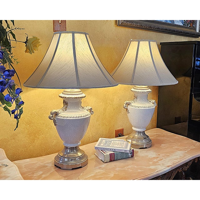 Vintage Pair of Neoclassical Trophy Urn Table Lamps in White Crackle Glaze – Made in Usa For Sale - Image 16 of 18