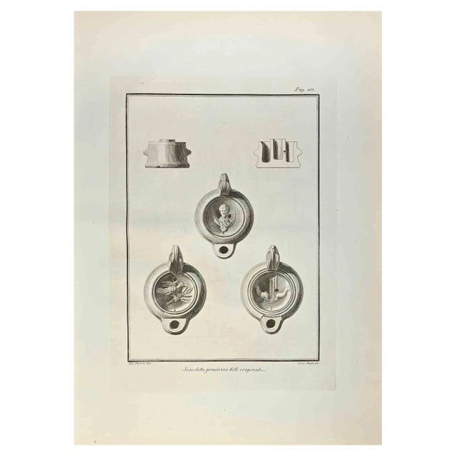Giuseppe Aloja, Oil Lamp with Bird and Caesar Bust, Etching, 18th Century For Sale
