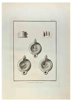 Giuseppe Aloja, Oil Lamp with Bird and Caesar Bust, Etching, 18th Century