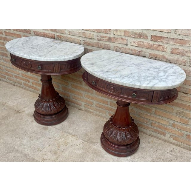 Carved Wood Demi Lune Nightstands with Marble Top, 1940, Set of 2 For Sale - Image 14 of 17