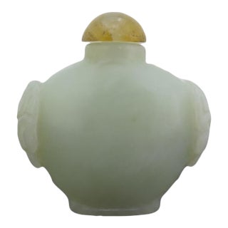 Chinese Green Jade Carved Mock Mask Ring Handle Snuff Bottle For Sale
