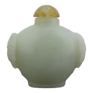 Chinese Green Jade Carved Mock Mask Ring Handle Snuff Bottle