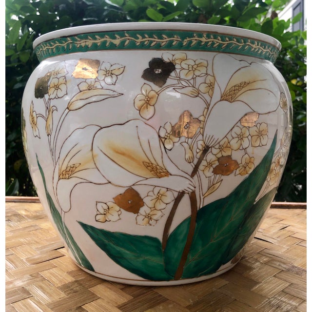 Vintage Chinese Calla Lily Floral Gilt Painted Porcelain Fish Bowl