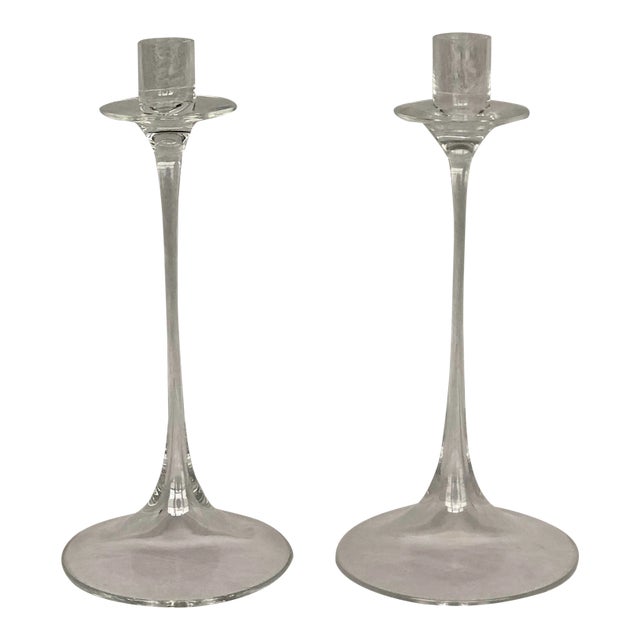 1980s Nils Landberg for Orrefors Crystal Glass Candlestick Holders - Set of 2 For Sale