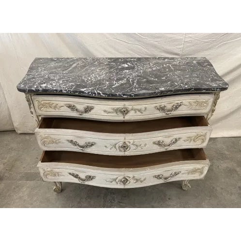 French French Louis XV Style Marble Top Painted Commode For Sale - Image 3 of 8