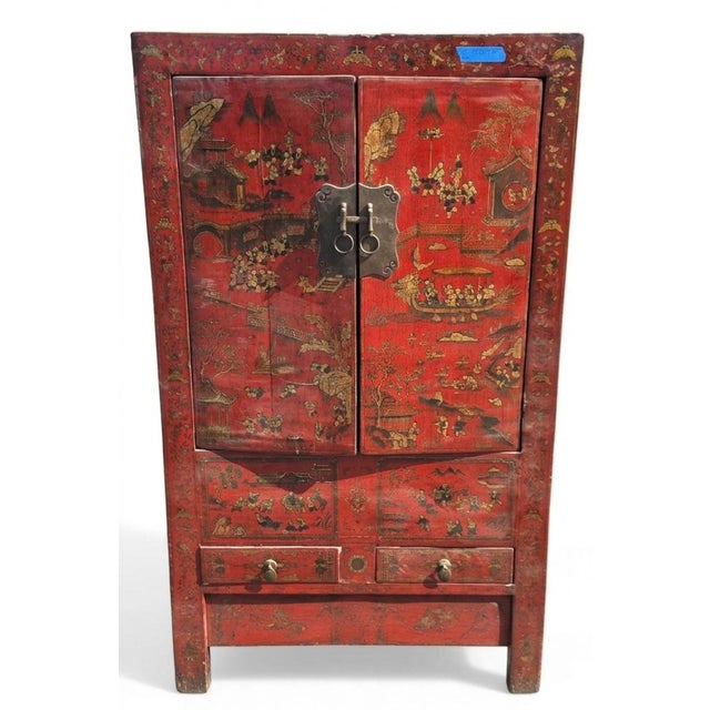 Wood Mid 19th Century Set of 4-Piece Antique Chinese Red Lacquer and Gilt-Painted Cabinets For Sale - Image 7 of 12