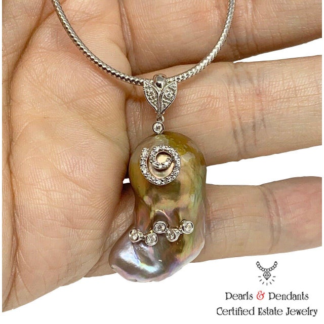 2010s Diamond Freshwater Pearl Necklace Baroque 14k Gold Italy Certified For Sale - Image 5 of 7
