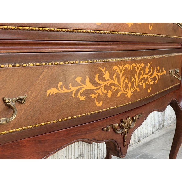 Wood 20th Century Marquetry Chest of Drawers With Bronze Details and Cream Marble Top For Sale - Image 7 of 10