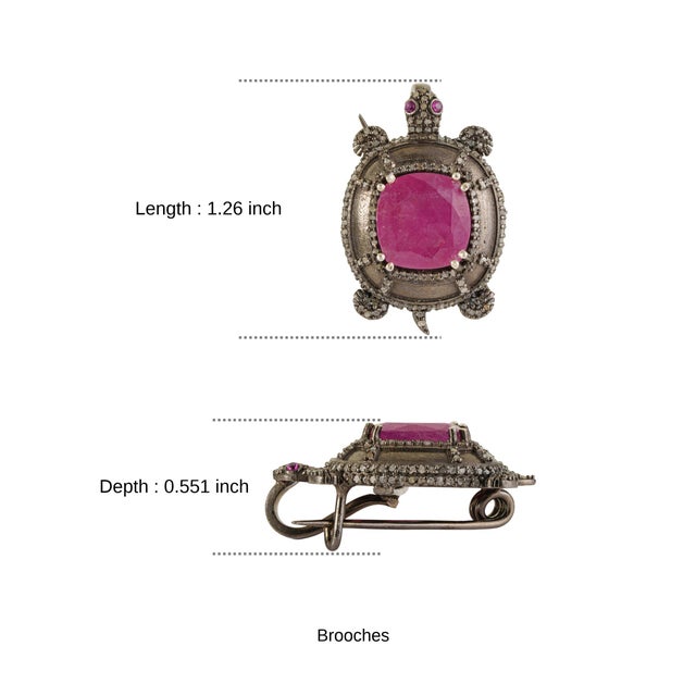 Antique Style 8 Ct Ruby & Diamond Pavé Figural Lucky Turtle Statement Brooch Pin Pendant For Sale - Image 11 of 14