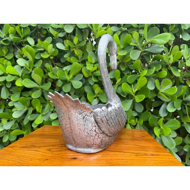 Late 20th Century Vintage Saks Fifth Avenue Style Silvered Pewter Swan Cachepot Planter For Sale - Image 5 of 12