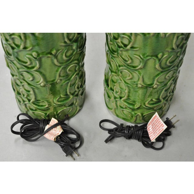 Contemporary Modern Green Glazed Ceramic Scroll Decorated Table Lamps - A Pair For Sale - Image 10 of 12