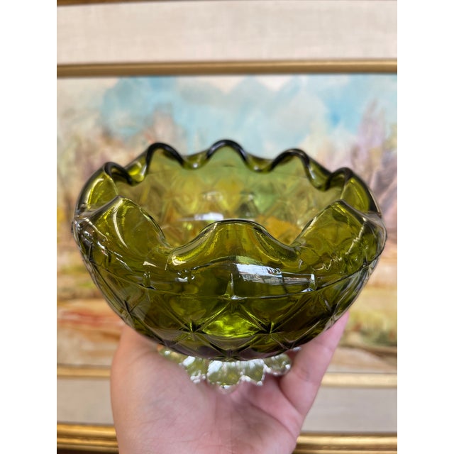 Mid-Century Modern Vintage Green Pressed Glass Bowl With Scalloped Rim and Silver-Toned Floral Base. For Sale - Image 3 of 10