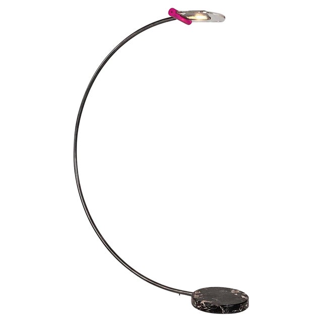 Italian Space Age Metal, Acrylic Glass and Marble Black Violet Arc Floor Lamp, 1980s For Sale