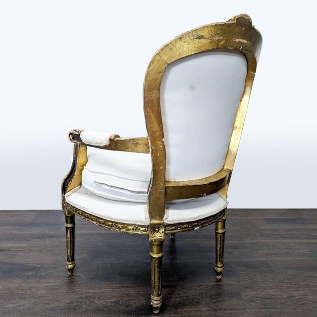 Vintage White Upholstered Lounge Chair With Ornate Gold Wooden Frame For Sale - Image 4 of 16