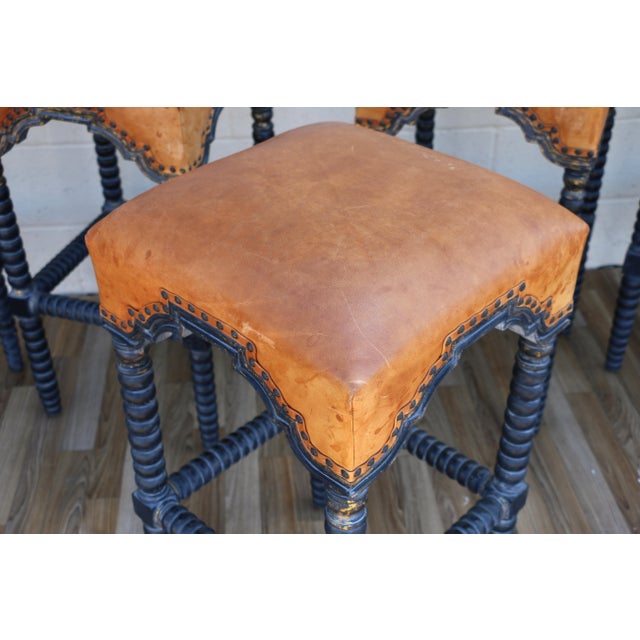 Set of 5 Vintage Leather Bar Stools With Spindle Legs & Nailhead Trim | Spanish Revival / Mediterranean Style For Sale - Image 11 of 18